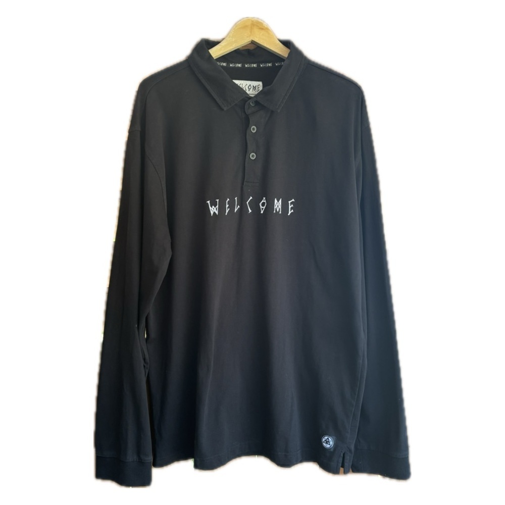 Welcome Skater Shirt Black Long Sleeve Cotton 1/4 Button Men's Size XLarge
